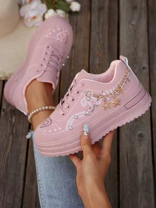 2025 Spring/Autumn New Platform Sneakers For Women, Thick Sole Casual Chunky Sneakers, Rhinestone Hook And Loop High Heel Wedge Sneakers,Trainers Women