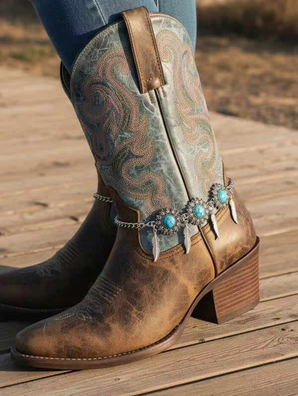 Women's Boho Western Boot Chain - Adorned With Turquoise Beads And Tassel Pendants, Ideal For Music Festivals And Pairing With Cowboy Boots