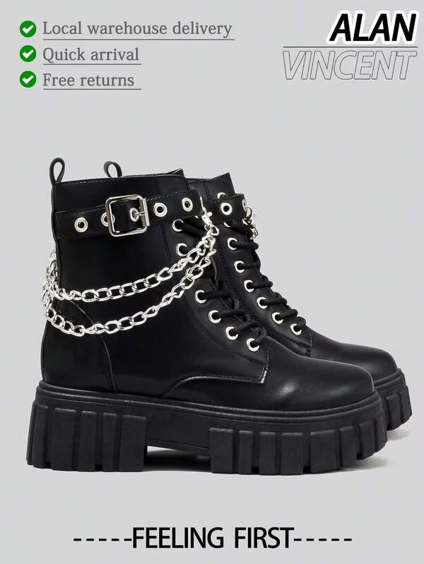 Alan Vincent[Local Delivery][Quick Arrival]New Classic Women's Black Mid-Calf Boots With Silver Chain Lace-Up And Zipper Thick Sole Boots Comfortable