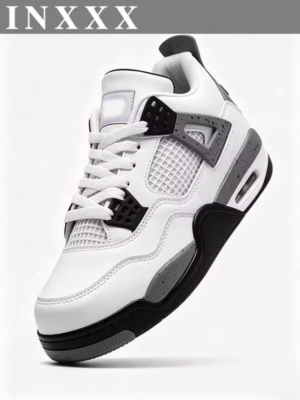 Men's White Grey Black Speckled Street Sneakers, AJ4 Inspired Non-Slip Trainers For Daily Clean Neutral Looks